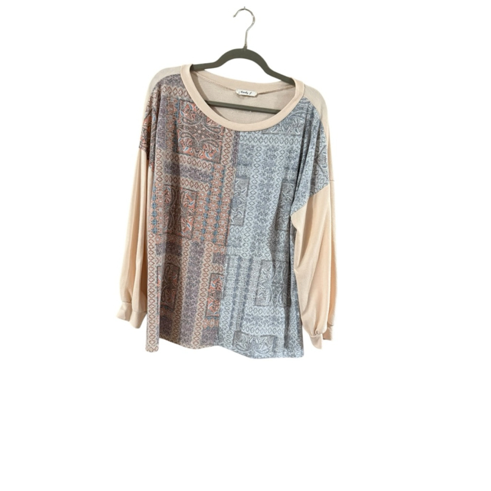 Women's Lovely J Long Sleeve Tee M Beige Orange Patterned - Picture 2 of 9